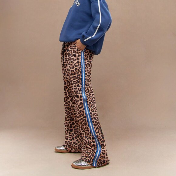 Multicolor Women's Leopard Print Side Stripe Wide Leg Pants With Drawstrings Wea - Picture 4 of 4